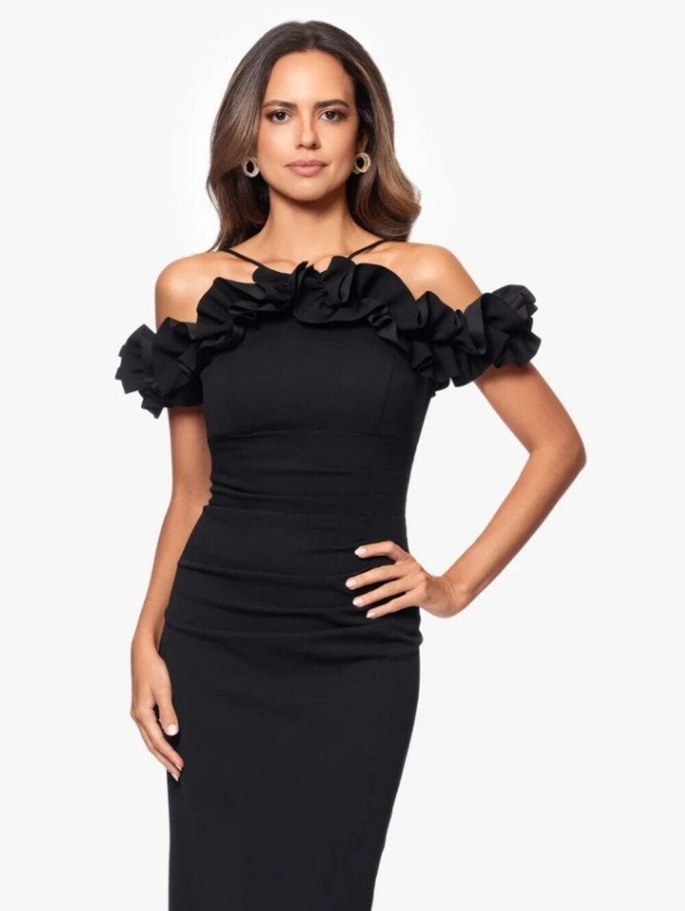 Xscape NWT Black Ruffle Strappy Ruched Cocktail Dress Size 8 $219 Party